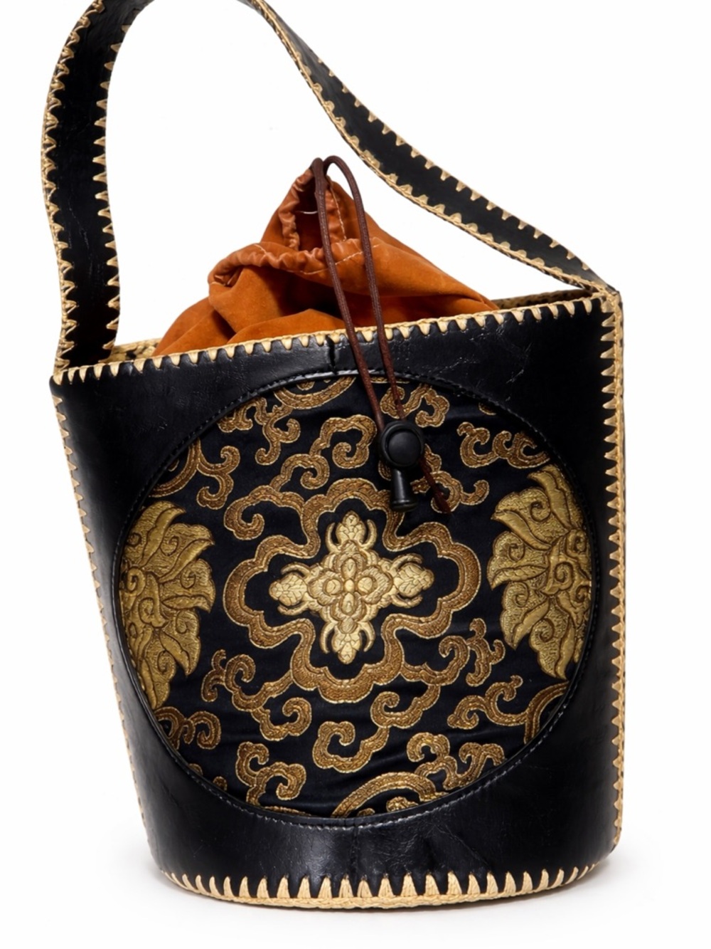 Boho Black & Gold Embroidered Bucket Bag | Unique Statement Purse